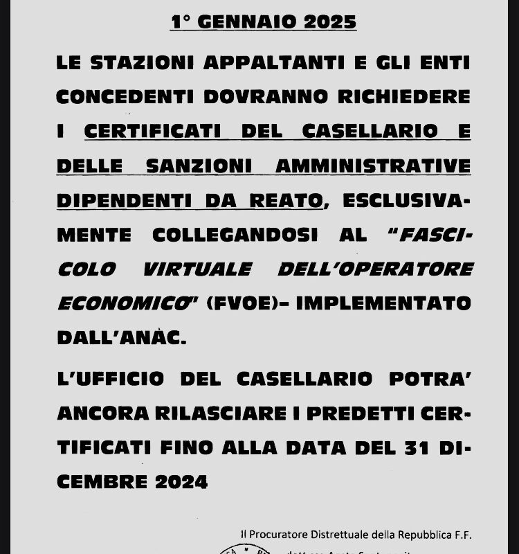 Comunicato della Procura di Catania: Fascicolo Virtuale   dell’Operatore Economico